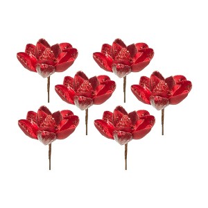 Red Velvet Magnolia Floral Stems – 29"H Beaded Holiday Arrangement Picks, Set of 6 by Melrose - 1 of 3