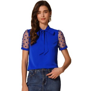 INSPIRE CHIC Women's Bow Tie V Neck Stand Collar Short Mesh Sleeve Blouse - 1 of 4