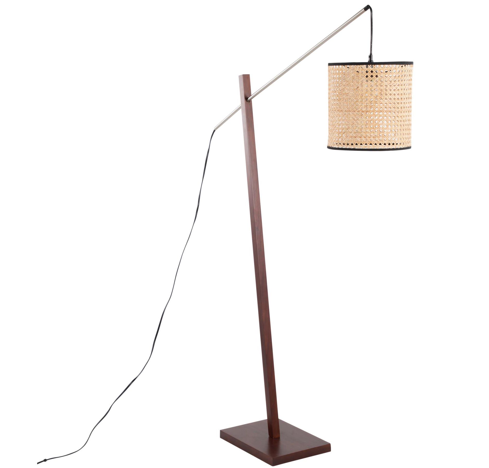 60 inch Modern Floor Lamp with Walnut Wood Base and Satin Nickel Neck with Rattan Shade