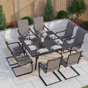 Captiva Designs 9pc Spacious Slat-top Square Metal Table with Umbrella Hole & C-spring Padded Sling Chairs - 1 of 4