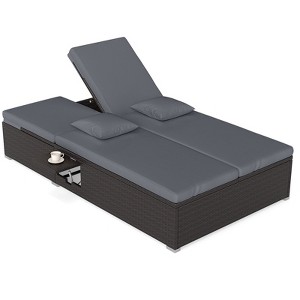 Gymax Patio Daybed PE Wicker Double Chaise Lounge w/ Adjustable Backrests Outdoor Gray - 1 of 4
