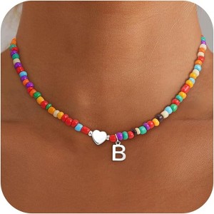 Beaded Initial Necklace Colorful Letter Choker Christmas Gift for Teens Silver-B - 1 of 4