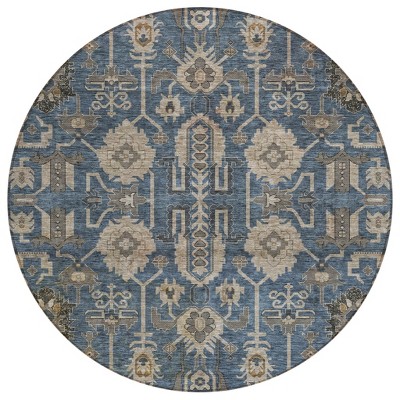 Navy Blue Beige And Taupe Oriental Washable Indoor Outdoor Area Rug