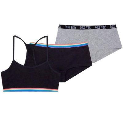 Fruit Of The Loom Cotton Beginner Sport Bra And Boyshort Panties 3 Piece  Set Black Hue W/ Grey Heather Xx-large : Target