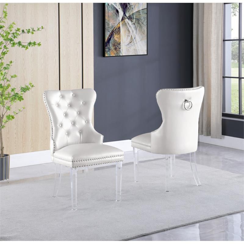 Tufted White Faux Leather Side Chairs with Clear Acrylic Legs (Set of 2), 2 of 4