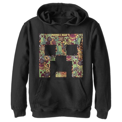 Boy's Minecraft Creeper Collage Pull Over Hoodie - Black - X Large