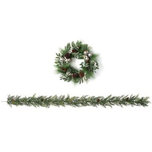 Sullivans Artificial Pine and Jingle Wreath and Arborvitae Garland Set 24"H & 6'L Green - 1 of 4