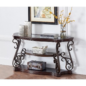 DOMETOUR Sofa Table, Glass table top, MDF W/marble paper middle shelf, powder coat finish metal legs. (54Lx20Wx30H) - 1 of 4