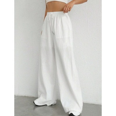 Womens Pants Casual Drawstring Straight Leg Pants with Pockets White M