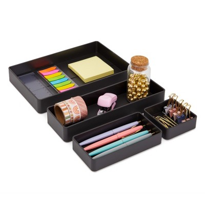 Stockroom Plus Set of 4 Plastic Drawer Organizer Trays, Black, 4 Assorted Sizes, Ideal for Cosmetic, Office, Classroom Use