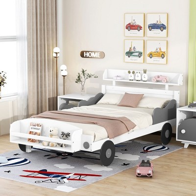 Twin Size Car-Shaped Platform Bed Twin Bed With Storage Shelf Decorative Support Wheels Platform Bed Easy Assembly Bed Frame For Kids Bedroom