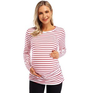 Coolmee Maternity Shirt Long Sleeve Basic Top Ruch Sides Bodycon Tshirt for Pregnant Women with Button - 1 of 4