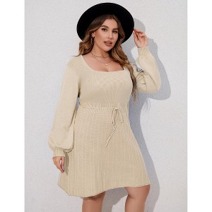 Plus Size Sweater Dress Long Lantern Sleeve Tie Waist Sweater Dresses