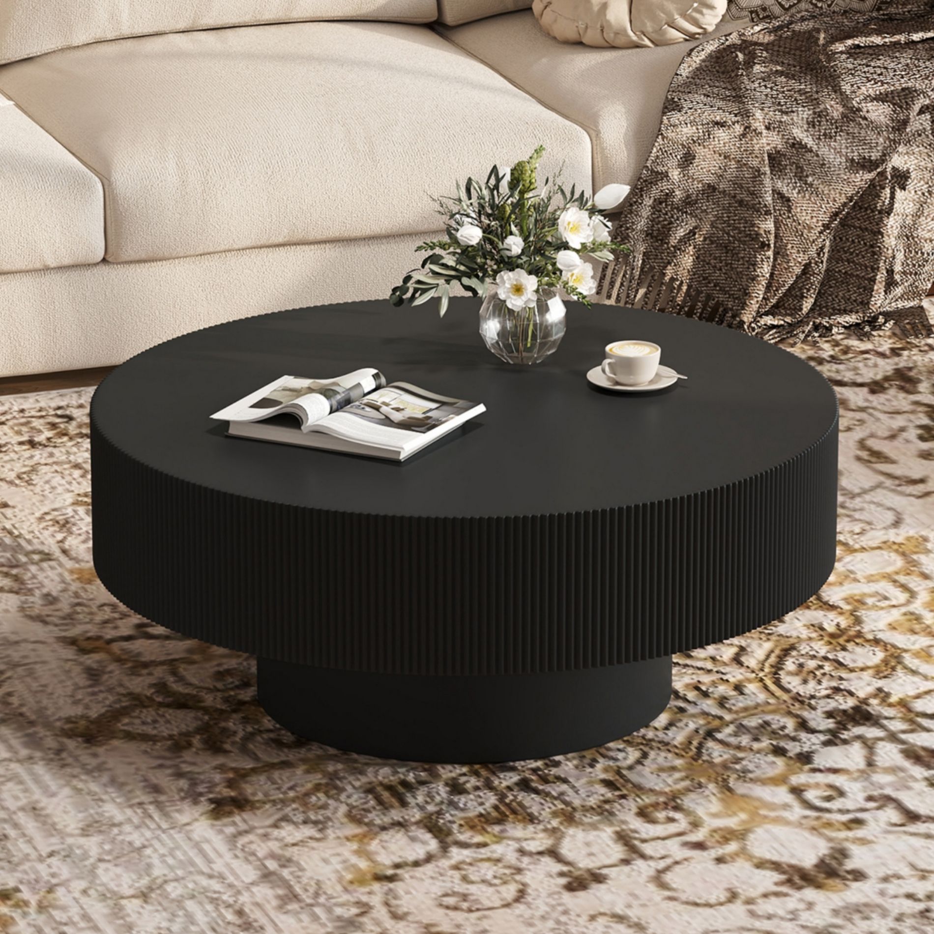 Modern Round Coffee Table Cocktail Table Accent Table Drum End Table Minimalist Fluted Center Table, Easy Assembly, Black-ModernLuxe