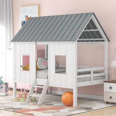 Streamdale Twin Size Low Loft House Bed with Roof and Two Front Windows, White