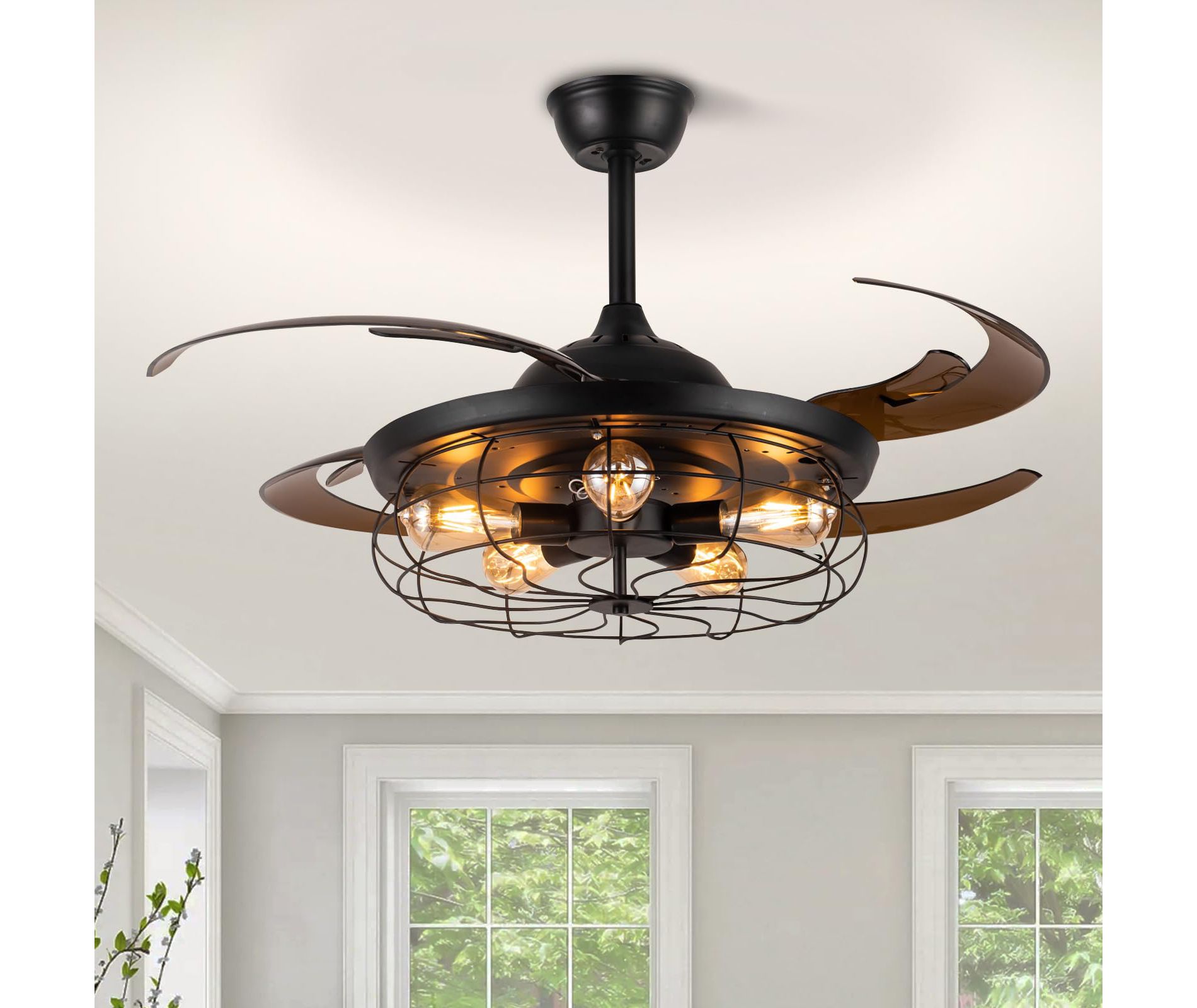 Ludomide Black Retractable Ceiling Fan with Lights, Industrial Caged Ceiling Fan with Remote, 48" Farmhouse Chandelier Fan with Lights