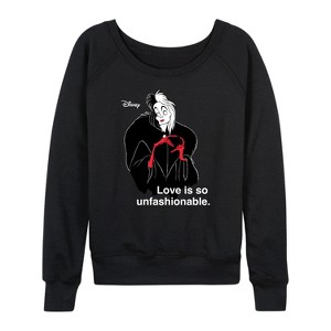 Women's - Disney Villains - Cruella De Vil Love Unfasionable Lightweight French Terry Wide Neck Long Sleeve Shirt - 1 of 4