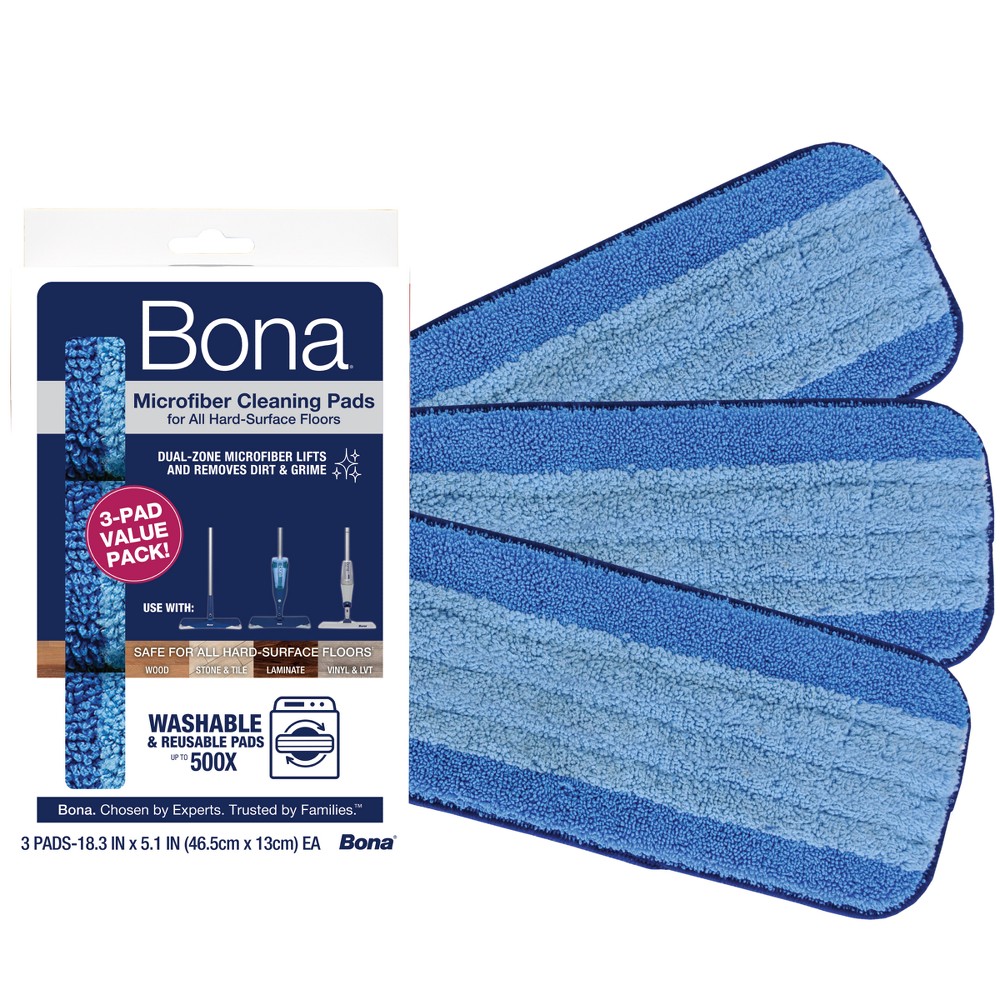 Bona Cleaning Products Reusable Mop Refill Multi Surface Microfiber Cleaning & Mopping Pads Value Pack - Unscented - 3ct