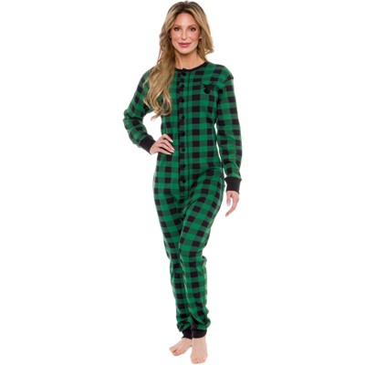 Silver Lilly Slim Fit Women's "Oh Deer" Buffalo Plaid One Piece Pajama Union Suit with Butt Flap