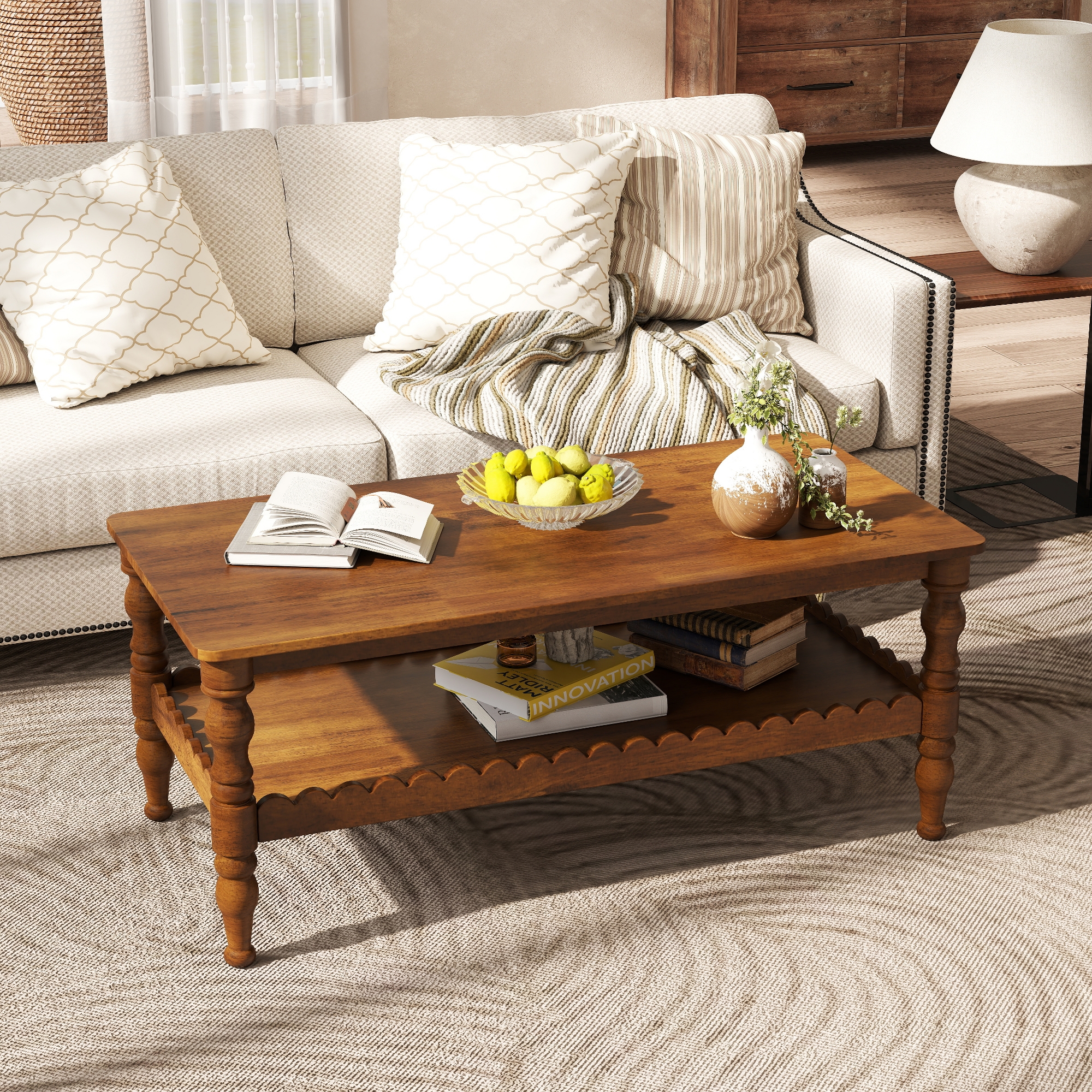 GDFStudio Orlando Vintage 43" Solid Wood Rectangle Coffee Table with Storage Shelf, Antique Brown