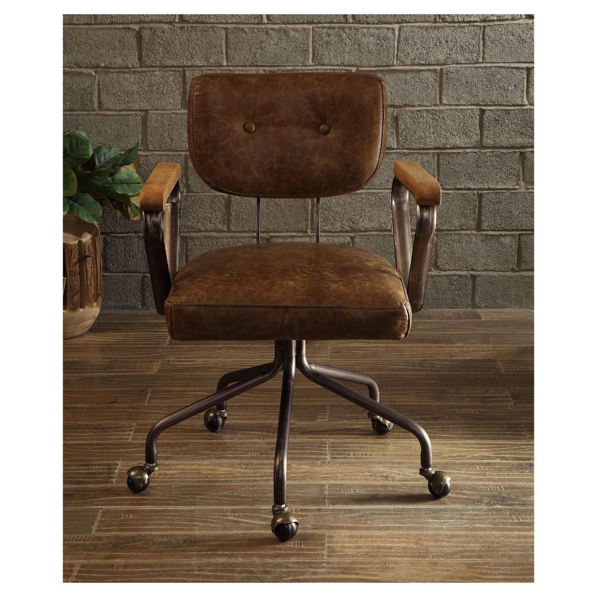 Hallie Task and Office Chairs Ash Brown - Acme Furniture: Faux-Leather, Wood Detail, Fixed Arms - thumbnail 4