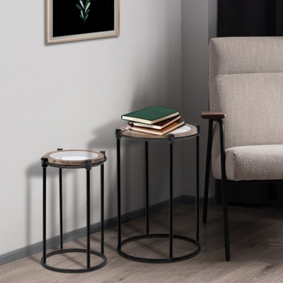 LuxenHome 2-Piece Black Metal and Glass Round Accent Tables