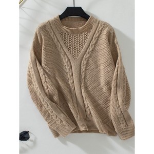 Womens Crew Neck  Sweater Hollow Out Long Sleeve Cable Knit Pullover Sweater - 1 of 3