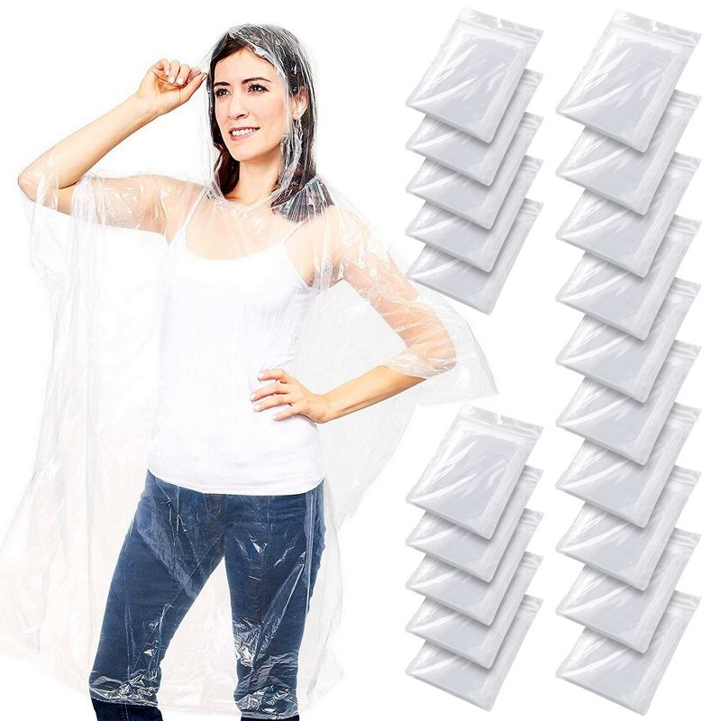 Juvale 20 Pack Disposable Rain Ponchos Family Pack, Emergency Ponchos with Hood, Clear Plastic, One Size Fits All, 1 of 10