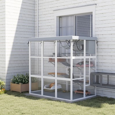 Large Gray Wooden Outdoor Cat Enclosure with Hammock and Platforms