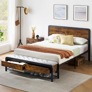Queen Size Bed Frame with Wooden Headboard - 2 Storage Drawers, Industrial Platform Bed, Heavy Duty Metal Slats, Noise-Free, No Box Spring Needed - 1 of 4