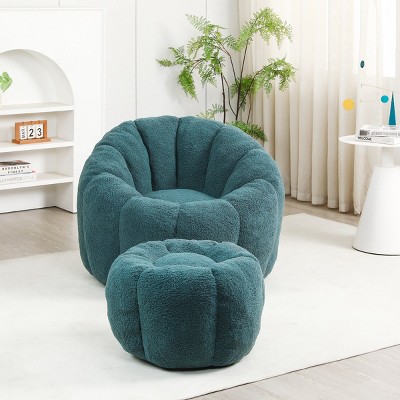 Teddy Fabric Bean Bag Chair with Footstool, Foam-Filled Lounge Sofa, Cozy Floor Seating for Relaxing-Baofuwish