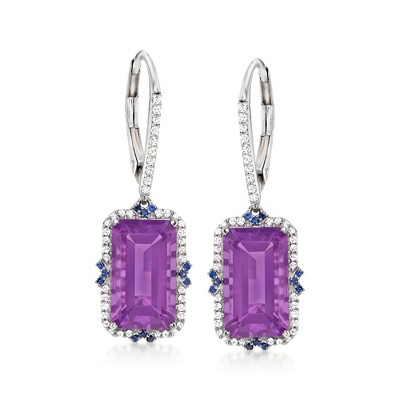 Ross-Simons 7.75 ct. t.w. Amethyst and .25 ct. t.w. Diamond Drop Earrings With Sapphire Accents in 14kt White Gold