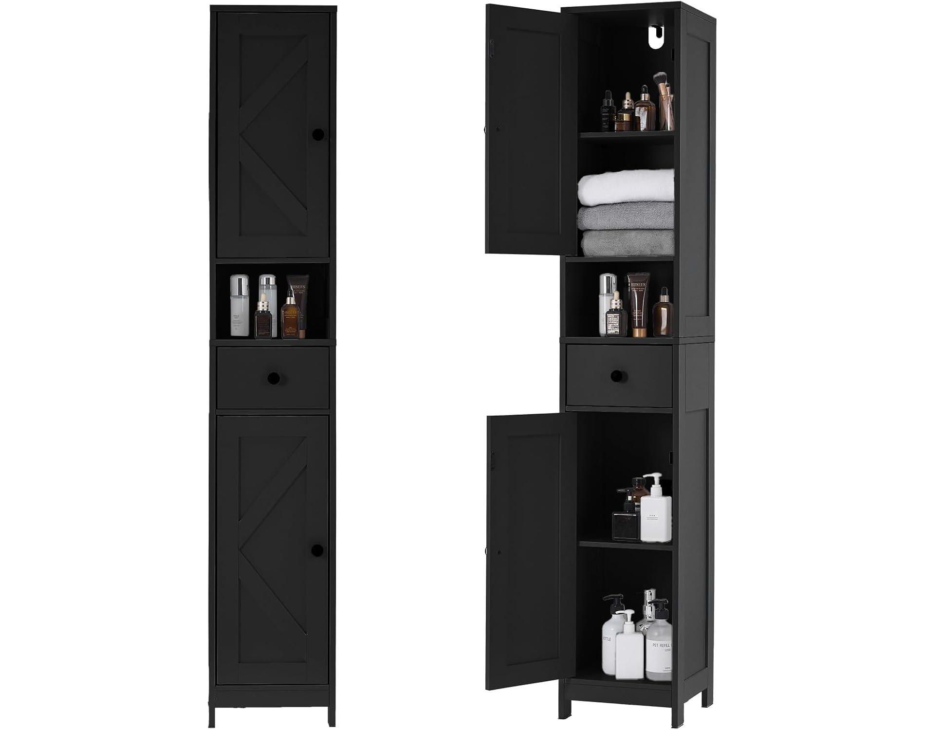 Tall Narrow Storage Cabinet with 1 Drawer & 3 Doors - Features adjustable shelves, open shelf & metal handles for bathroom, kitchen, or living room.