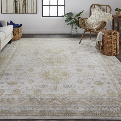 Aura Gold and Ivory Rectangular Synthetic Area Rug 6.7x9.6