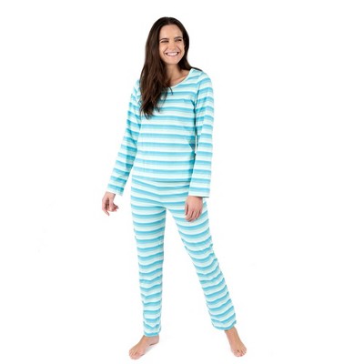 Leveret Womens Two Piece Thermal Pajamas Solid Aqua XL