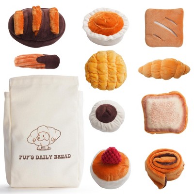 Nocciola 10 PCS Bread Dog Toy Set with a Grocery Bag,Christmas gift,Cute Crinkle Squeaky Plush Puppy Toys,Hide and Seek Toys for Small to Medium Dogs