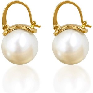 12mm Gold Plated Pearl Drop Earrings in 925 Sterling Silver | Elegant Large Stud Dangle for Women - 1 of 4