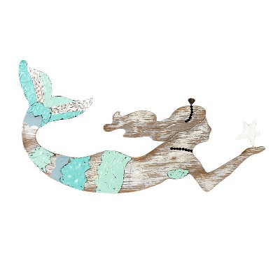 Beachcombers Tricolor Mermaid Sea Life Coastal Tropical Beach House Aqua Natural Distressed Wall Hanging Decor Plaque 18.5 x 8 x 0.25 Inches.