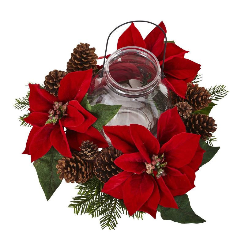 Poinsettia, Pine and Pine Cone Glass Jar Candelabrum - red, 3 of 9