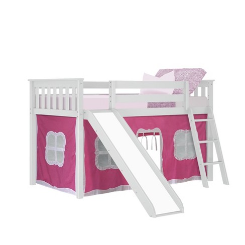 Max Lily Twin Low Loft Bed With Slide And Pink Curtains White Target