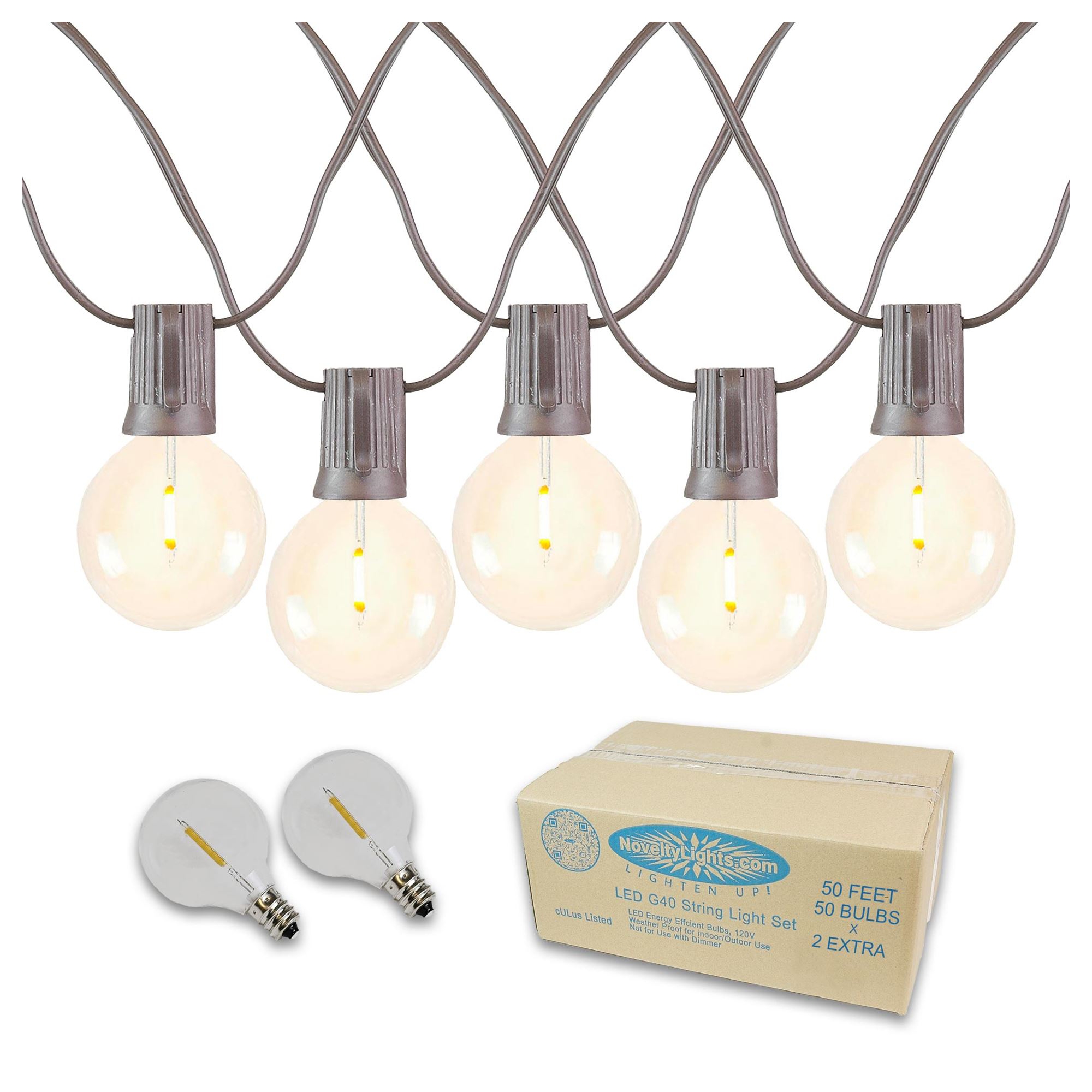 Novelty Lights 50 Feet G40 LED Patio String Light Set with 50 Bulbs, Warm White, Weather Resistant Shatterproof Replaceable Globe Bulbs, Brown Wire
