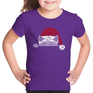 LA Pop Art Christmas Peeking Cat - Girl's Word Art T-Shirt - 1 of 4