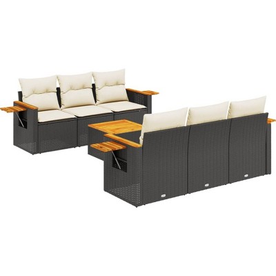 vidaXL 7 Piece Patio Sofa Set with Cushions Black Poly Rattan - Black and Cream