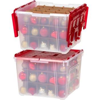 IRIS USA Plastic Ornament Storage Organization Container Box Bin, Clear/Red