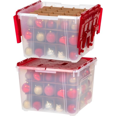 IRIS USA 60 Qt. 2 Pack Ornament Storage Box with Hinged Lid and Dividers,  Clear/Red, 2 units - Kroger