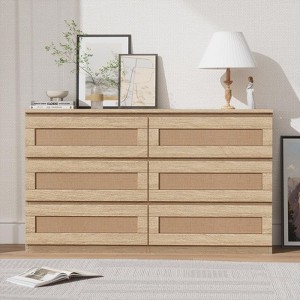 Modern Rattan 6-Drawer Dresser for Bedroom - Slim Wooden Chest of Drawers, Durable Freestanding Storage Organizer Cabinet - 1 of 4