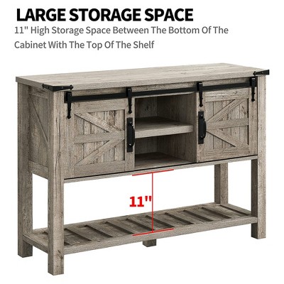 Light Rustic Oak Farmhouse Console Table with Sliding Barn Doors and Storage
