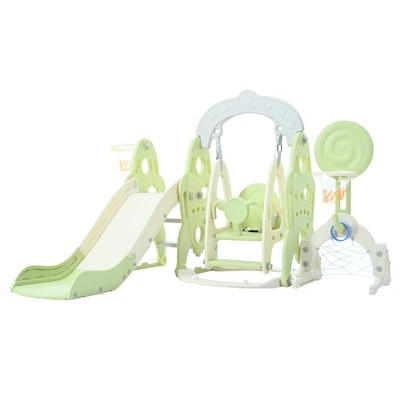 VYNXARIA 6 - in - 1 Toddler Slide and Swing Set: Green Edition with Soccer Goal, 2 Basketball Hoops & Ring Toss