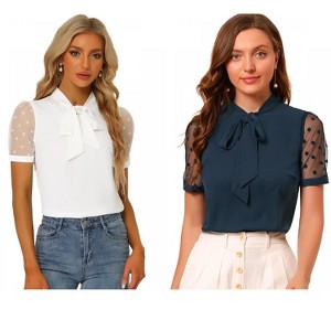 INSPIRE CHIC Women's Bow Tie V Neck Stand Collar Short Mesh Sleeve Blouse 2 Packs - 1 of 4