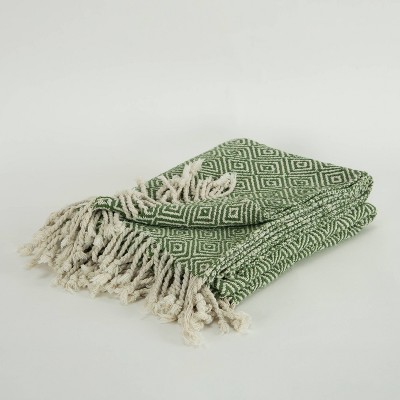 Green and Natural Cotton Geometric Throw Blanket with Fringe